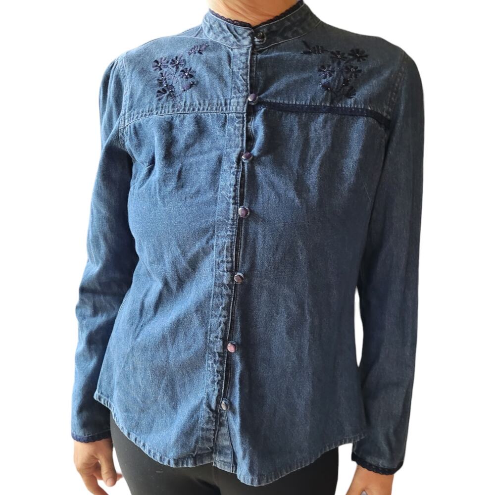 Chambray Embroidered Lace Blouse Boho Peasant Button Cotton Top Blue Dress Barn
